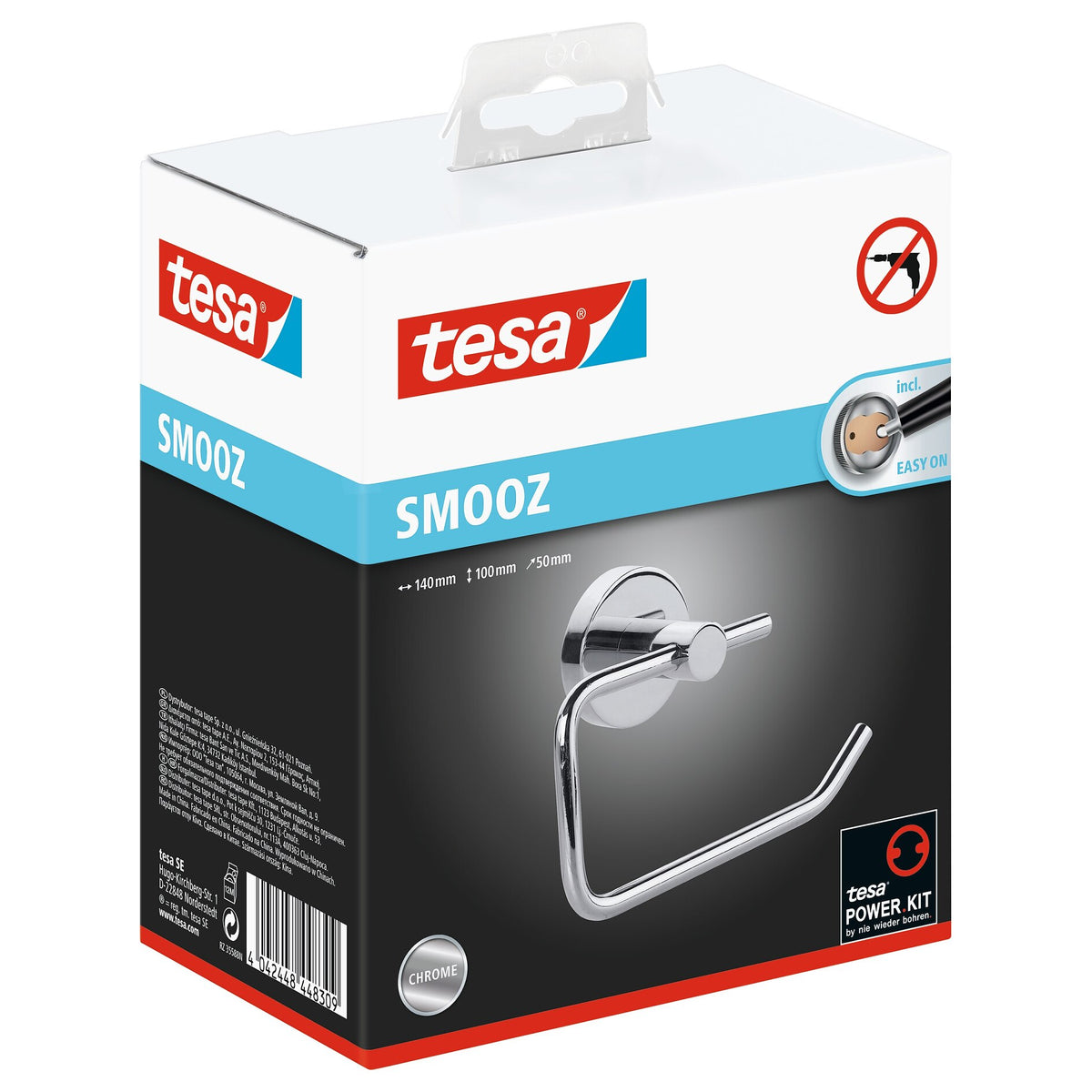 Soporte para rollos de papel higiénico tesa SMOOZ sin tapa, cromado, con solución adhesiva incluida