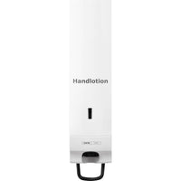 The CWS ParadiseLine Slim Hand Lotion Dispenser with a white panel featuring the "Hand Lotion" logo from CWS—a white wall-mounted dispenser with a slim design—adds a touch of elegance to modern restrooms.