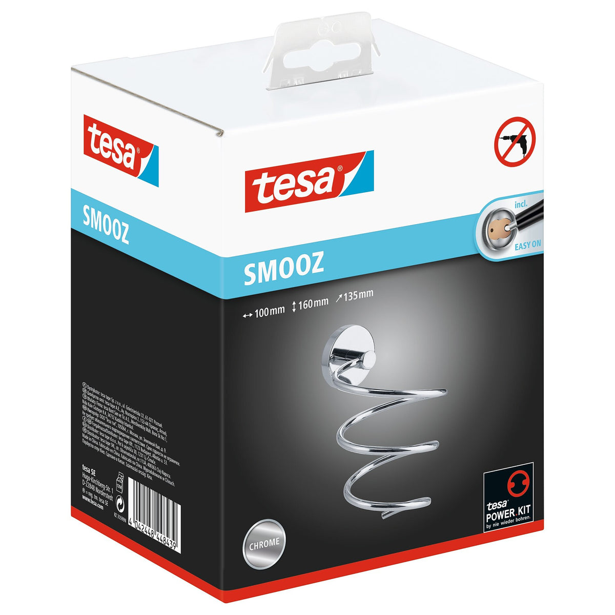 tesa SMOOZ Hair Dryer Holder, Chrome-Plated, with Adhesive Solution Included