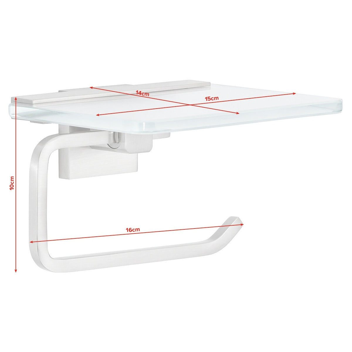 tesa EXXCLUSIV Toilet Paper Holder with Shelf, Includes Adhesive Solution – Dimensions