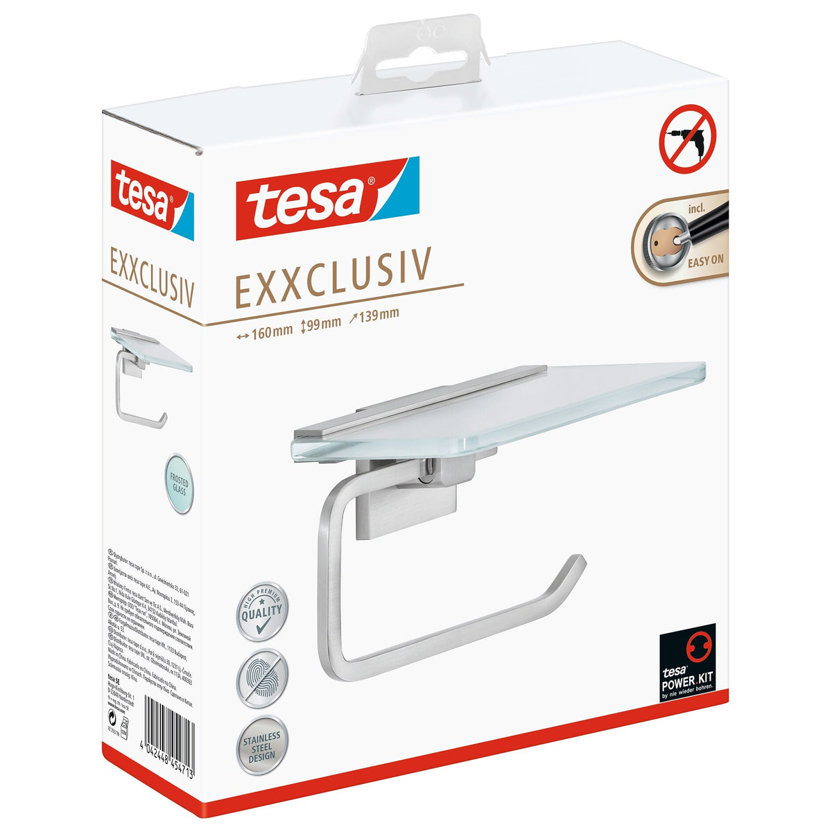 tesa EXXCLUSIV Toilet Paper Holder with Shelf, Includes Adhesive Solution