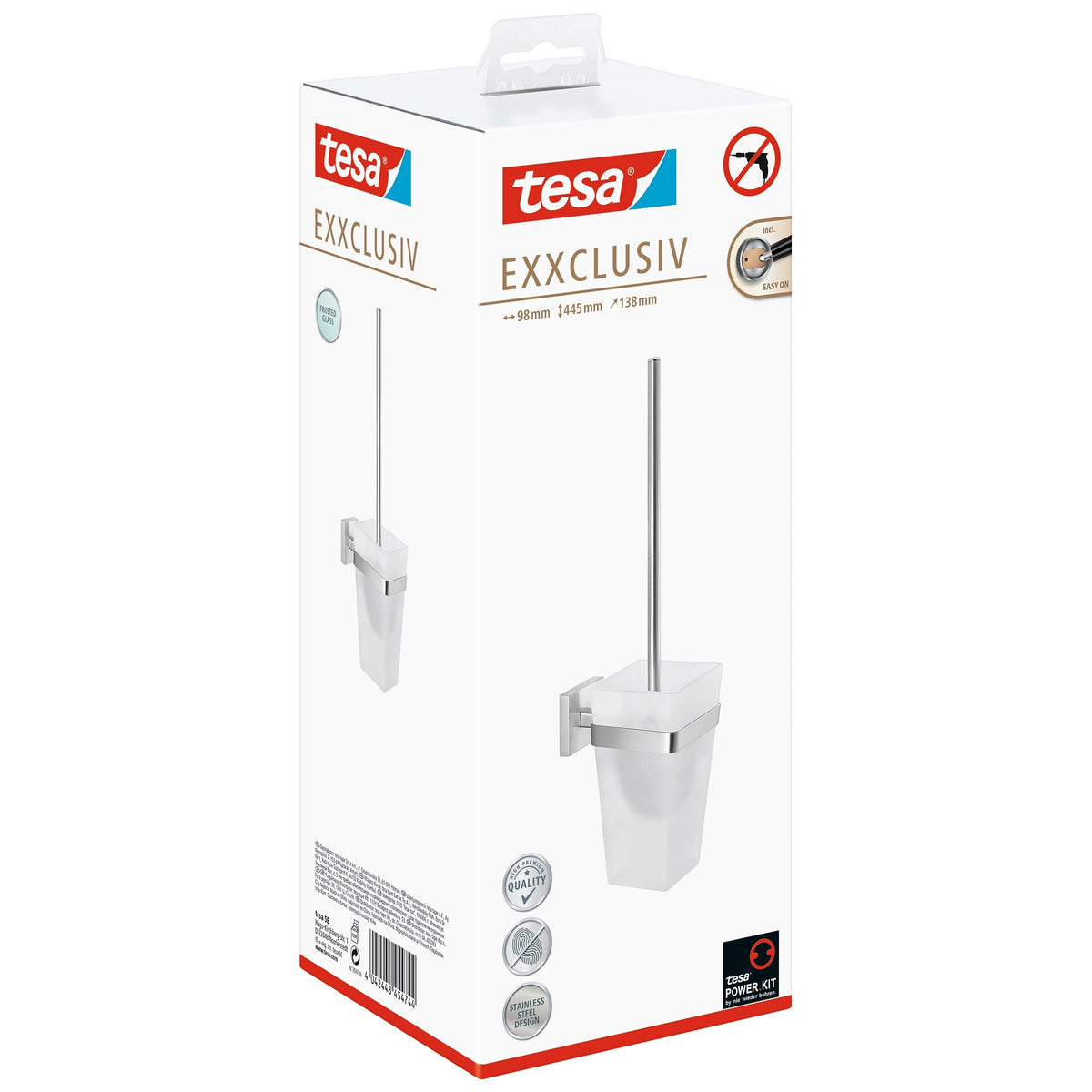 tesa EXXCLUSIV Toilet Brush Holder (No Drilling Required), Stainless Steel Finish