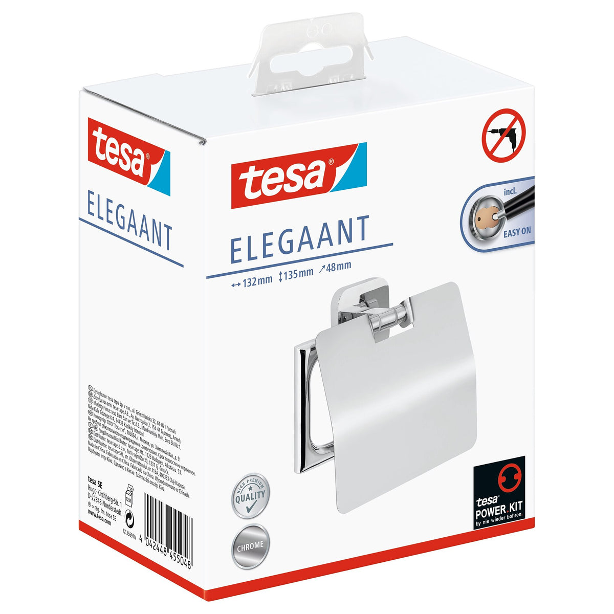 tesa ELEGAANT Toilet Paper Holder with Lid, Includes Adhesive Solution