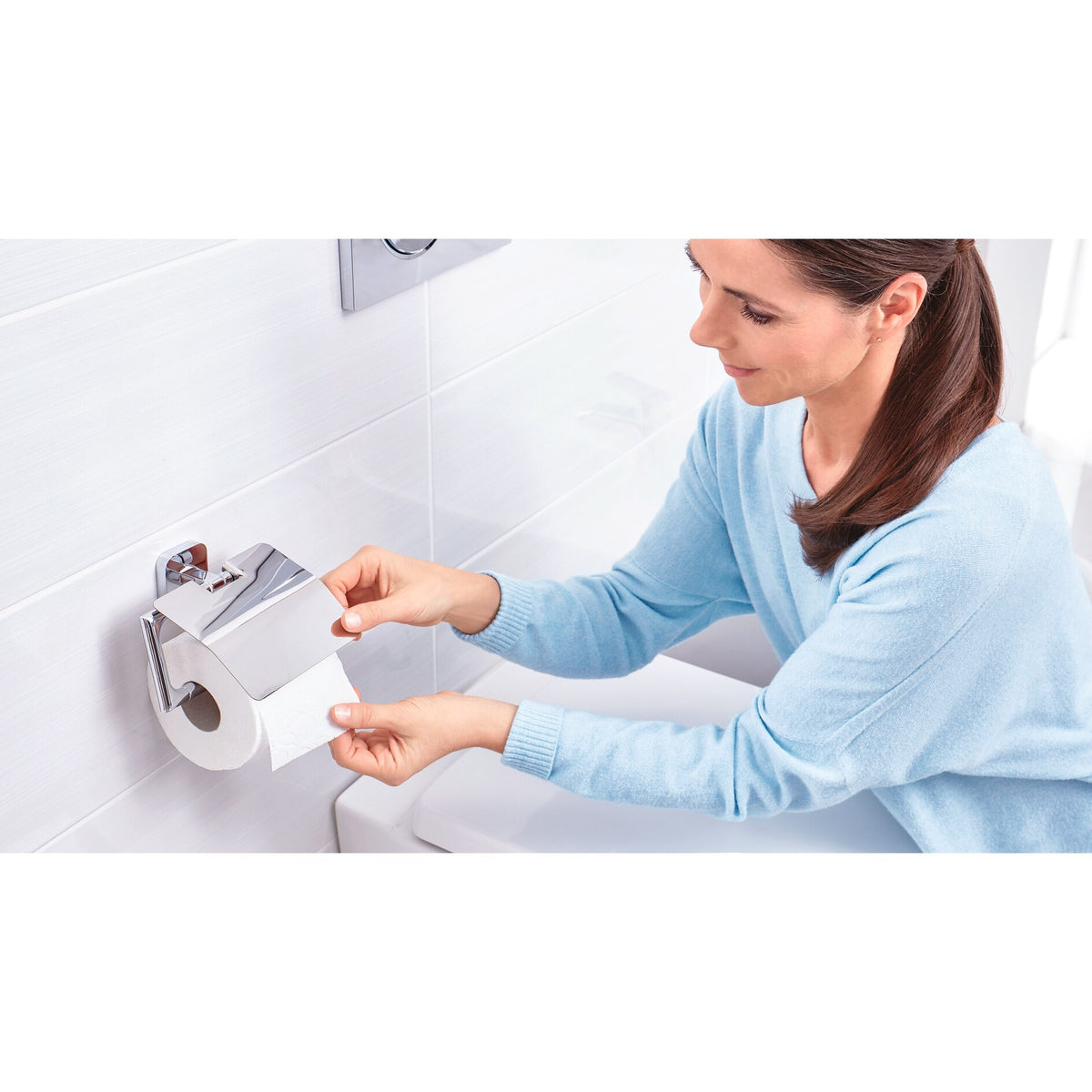 tesa ELEGAANT Toilet Paper Holder with Lid, Includes Adhesive Solution – Instructions for Use