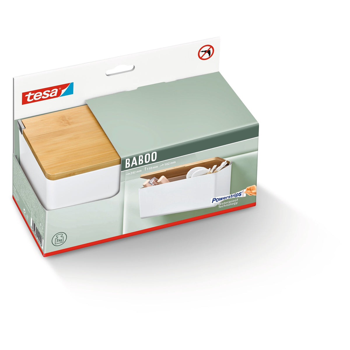 tesa BABOO Medium-Sized Storage Box, with Bamboo Lid and Divider, Additional Storage Space for the Bathroom, White