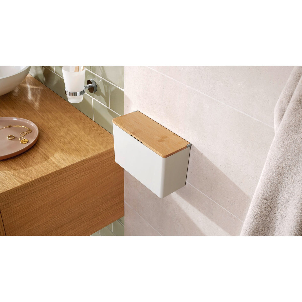 tesa BABOO Extra-Large Storage Box, with Bamboo Lid and Divider, Additional Storage Space for the Bathroom, White – Usage