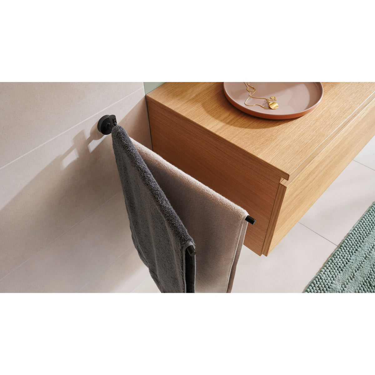 tesa MOON BLACK 2-arm Towel Rack, Matte Black, Includes Adhesive Solution – Instructions for Use