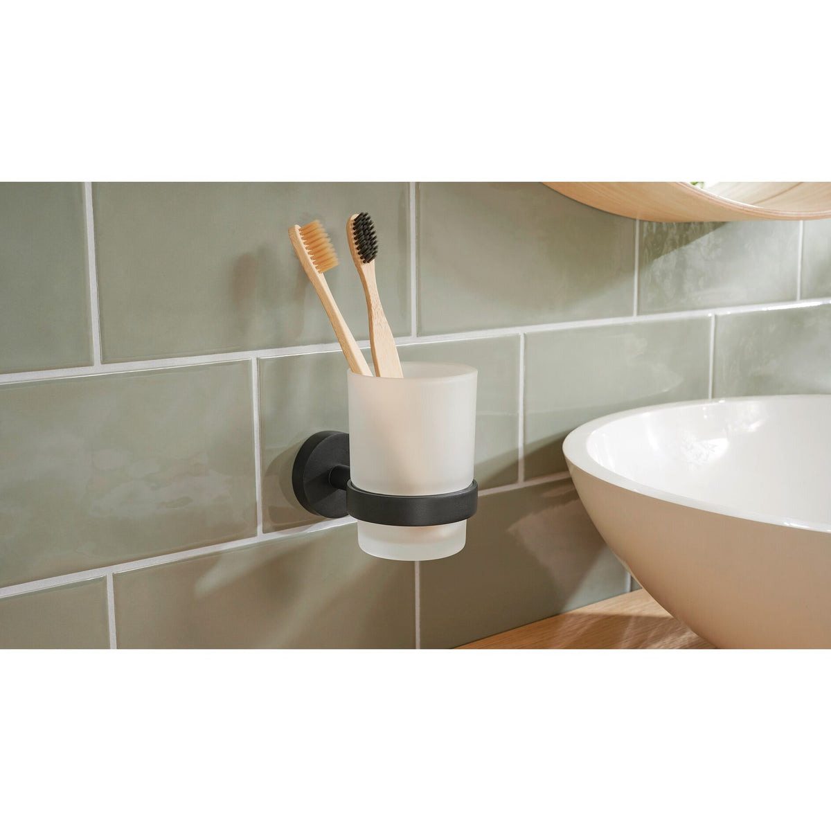 tesa MOON BLACK Toothbrush Cup Holder, Matte Black, Includes Adhesive Solution – Instructions for Use