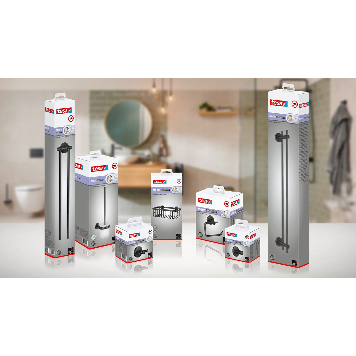Cepillo de baño tesa MOON Graphite, autoadhesivo, con recubrimiento PVD metálico – Gama de productos