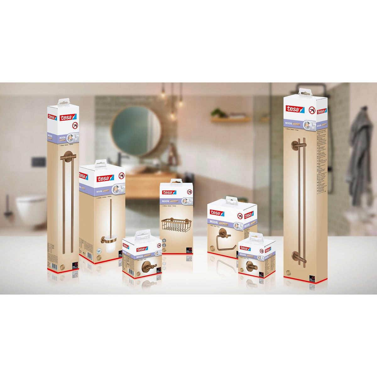 Ganchos para toallas tesa MOON Bronze, autoadhesivos, de metal con recubrimiento PVD – Surtido