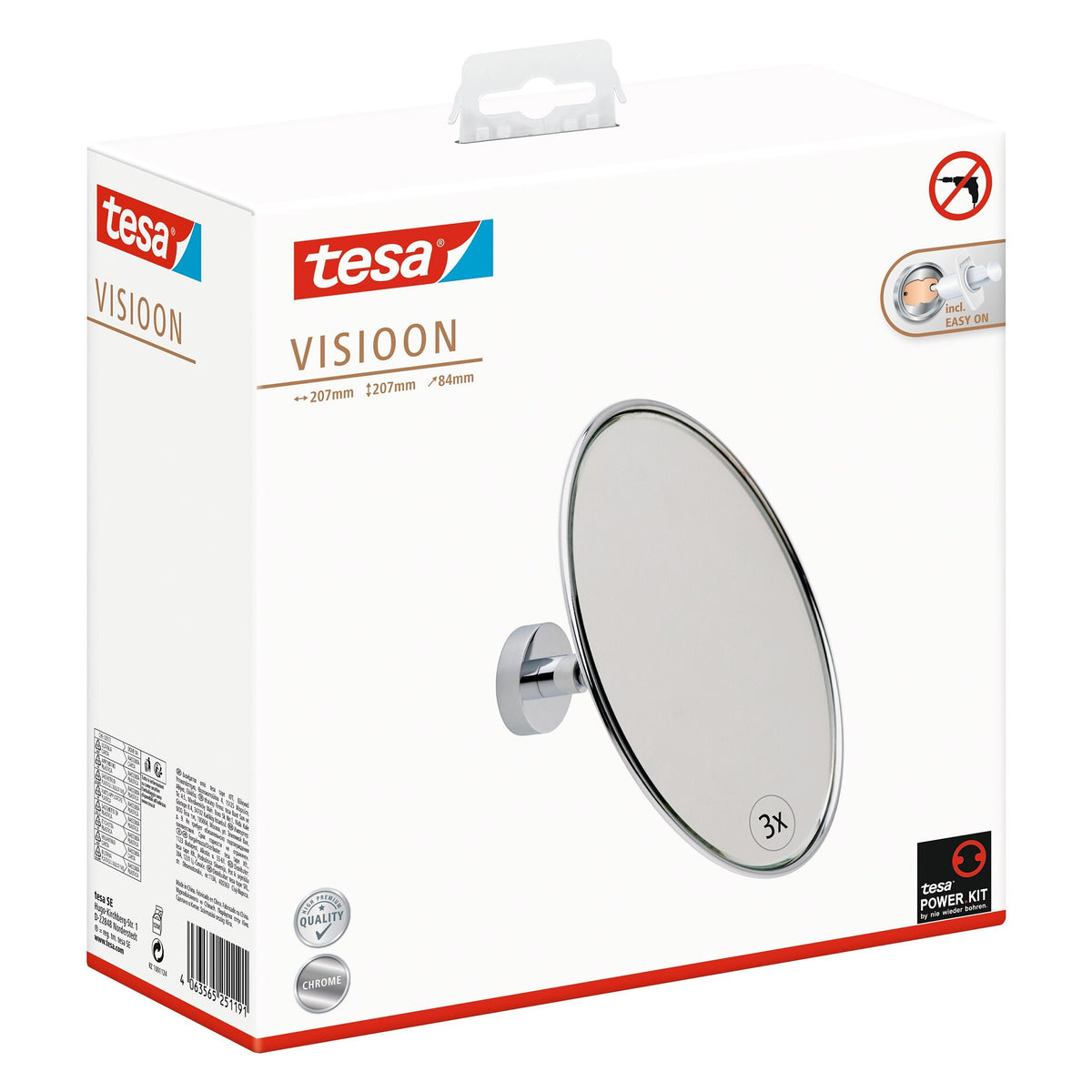 tesa VISIOON Cosmetic Mirror with Ball Joint, Self-Adhesive, Chrome-Plated Brass