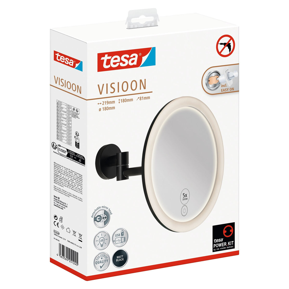 Espejo cosmético LED tesa VISIOON con brazo articulado, autoadhesivo, de metal con recubrimiento en polvo negro mate y plástico negro mate