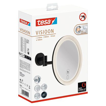 Espejo cosmético LED tesa VISIOON con brazo articulado, autoadhesivo, de metal con recubrimiento en polvo negro mate y plástico negro mate