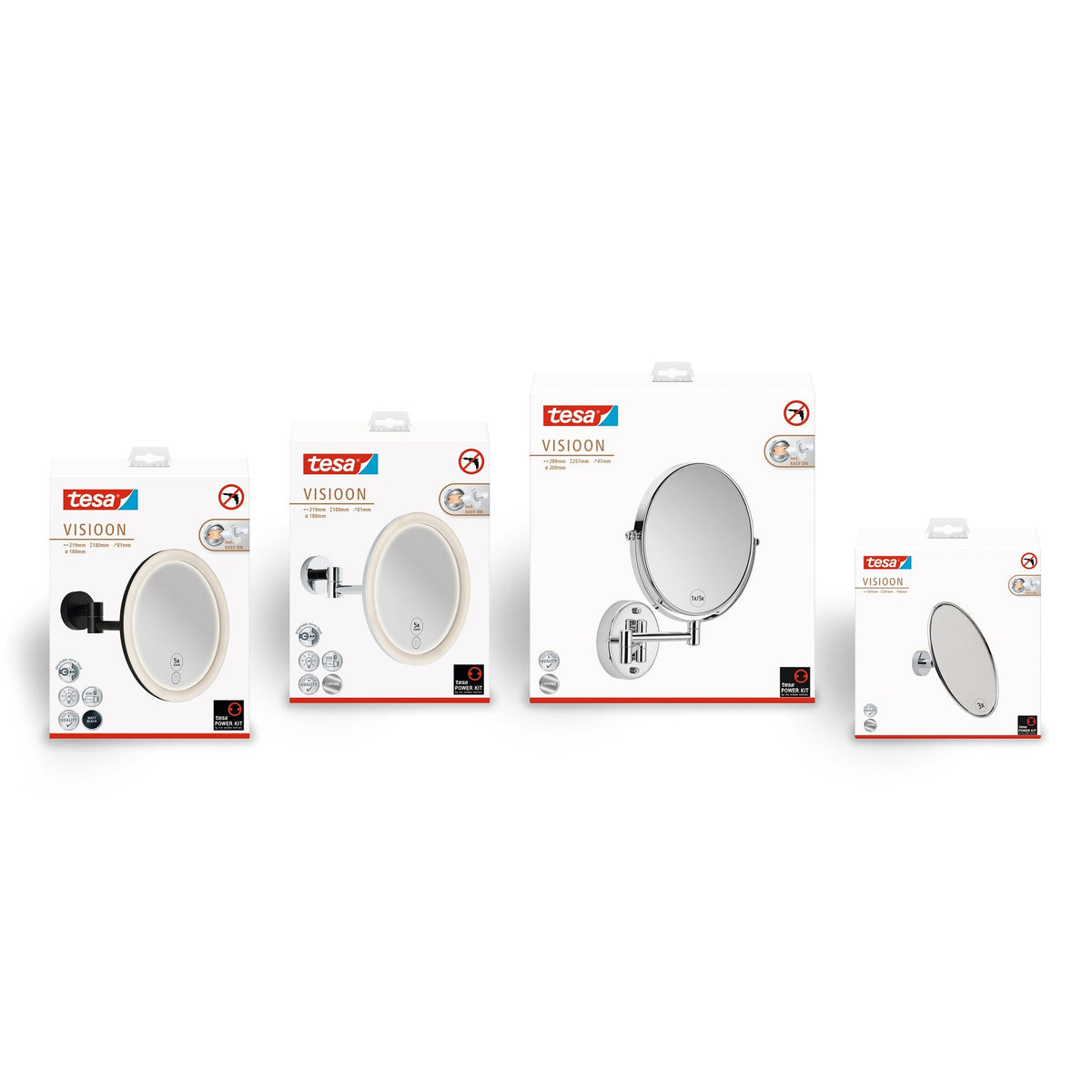Espejo cosmético LED tesa VISIOON con brazo articulado, autoadhesivo, metal con recubrimiento en polvo negro mate, plástico negro mate – Gama de productos