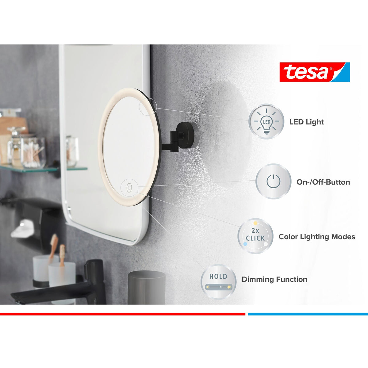 Espejo cosmético LED tesa VISIOON con brazo articulado, autoadhesivo, metal con recubrimiento en polvo negro mate, plástico negro mate – Características del producto