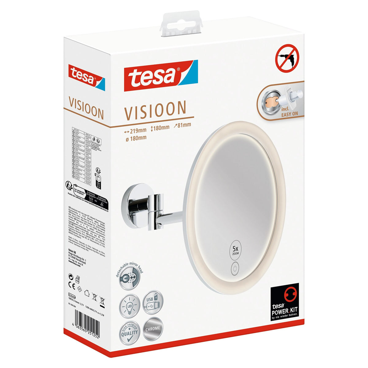 Espejo cosmético LED tesa VISIOON con brazo articulado, autoadhesivo, metal cromado, plástico de color cromo