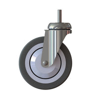 The TASKI Trolley Wheel - Standard (125 mm, 1 piece) from Diversey Deutschland GmbH & Co. OHG is a swivel castor for TASKI Trolley systems used in professional cleaning; it is shown with a metal shaft and a gray rubber tire on a white background.