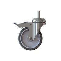 The TASKI Trolley Wheel 100mm with Brake from Diversey Deutschland GmbH & Co. OHG is a swivel wheel with a brake, a gray tire, a metal fork, and a central stem for TASKI trolleys; includes a metal brake lever. Sold as a single unit.