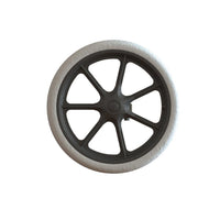 A black, eight-spoke TASKI Trolley Outdoor wheel (370 mm) with a white treaded tire, manufactured by Diversey Deutschland GmbH & Co. OHG, designed for the TASKI Trolley for outdoor use. Shown against a white background; package contains 1 piece.