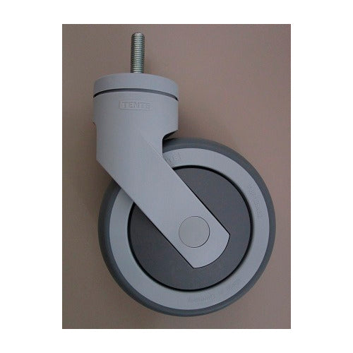 Et enkelt Protect Trolley reservehjul fra Diversey Deutschland GmbH & Co. OHG, grå med gjengestift, står vertikalt på en enkel, lysebrun bakgrunn. Pakken inneholder 1 stk.