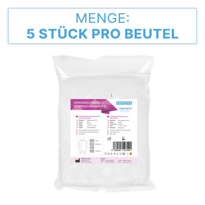 Eine transparente Verpackung enthält fünf ARNOMED PROTECT PP-Besucherkittel Weiß mit Druckknöpfen der ARNOWA GmbH. Das Etikett zeigt Produktdetails, Barcode und die Aufschrift "5 Stück pro Beutel".