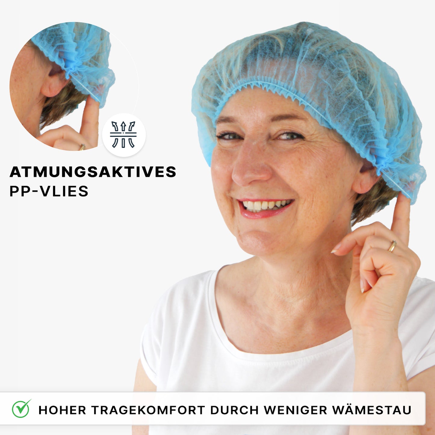 Eine lächelnde Frau in einem weißen Hemd berührt den ARNOMED COVER PP-KLIPPHAUBE XL (55cm, ARNOWA GmbH). Text: "Atmungsaktives PP-Vlies" und "Hoher Tragekomfort durch weniger Wärmestau. Perfekt für Hygiene.