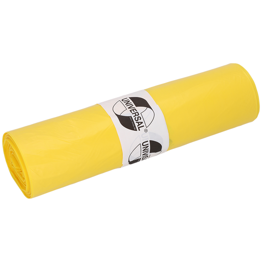 Eine Rolle DEISS Abfallsäcke 575x1000x0,018 mm aus HDPE 50 l von EMIL DEISS KG (GmbH + Co.), gelbe Säcke mit weißem Etikett und schwarzem "Universal"-Logo auf weißem Grund.