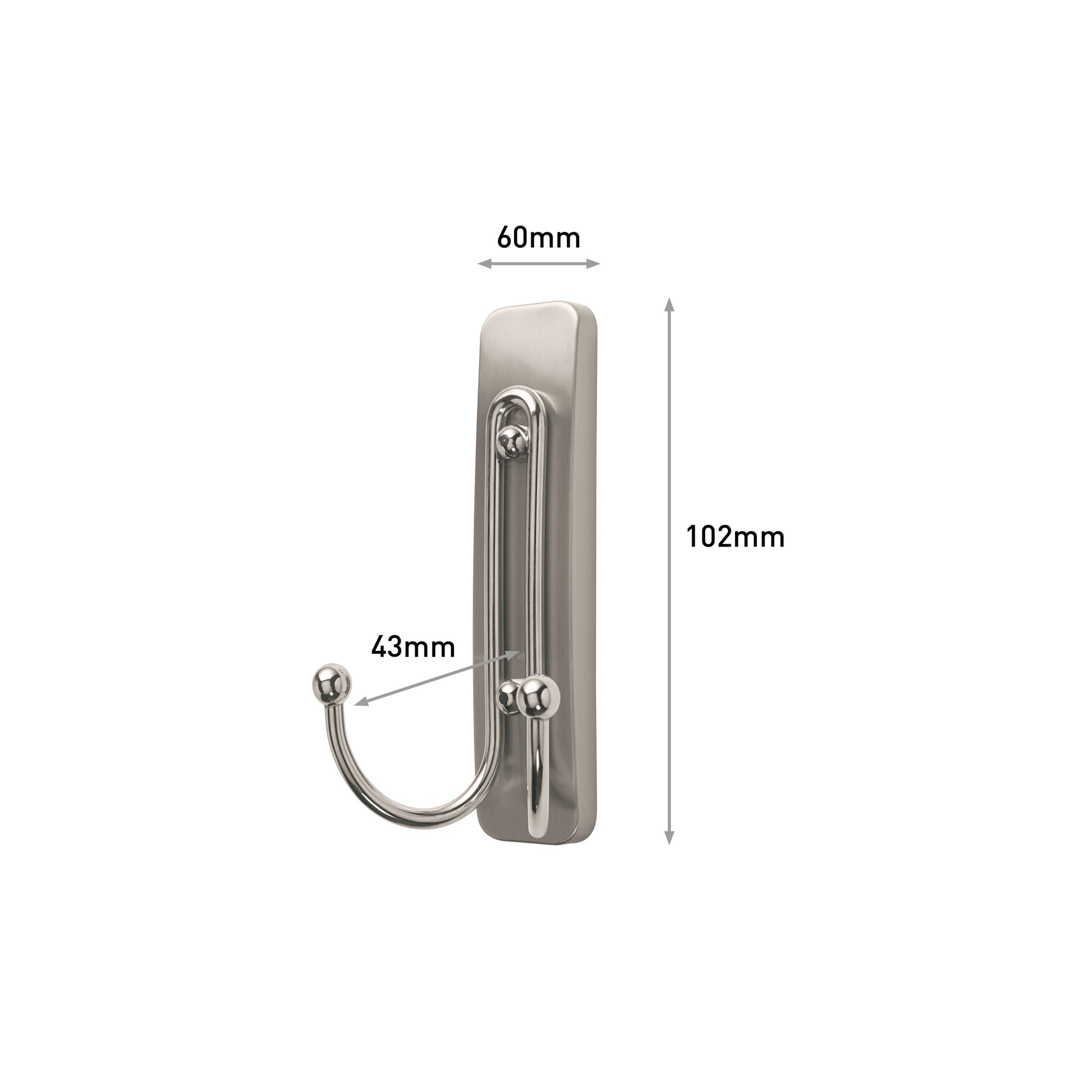 Der Großer Command™ Doppelhaken in gebürstetem Nickel von 3M Deutschland GmbH misst 60mm Breite, 102mm Höhe und hat doppelte Haken, die 43mm aus der rechteckigen Basis hervorstehen. Die Packung enthält 1 Haken und 1 Streifen.