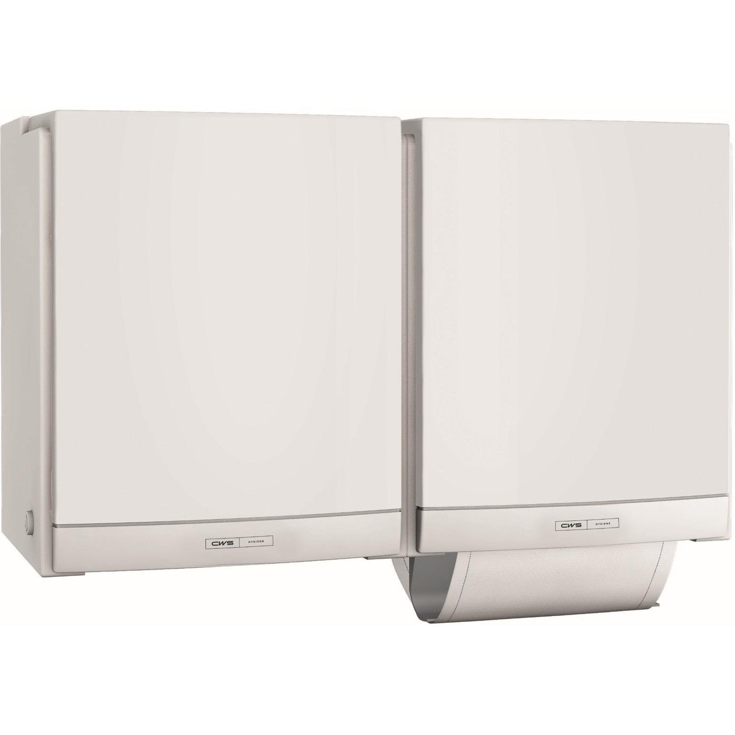 Two white CWS ParadiseLine fabric towel dispensers DUO, mounted side by side on the wall and labeled, offer an eco-friendly option for a hygienic solution in the washroom.