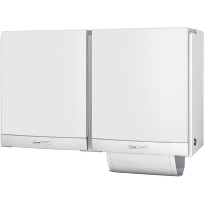 Two white CWS ParadiseLine fabric towel dispensers DUO with white panel are mounted side by side and provide an eco-friendly and hygienic solution for washrooms. A towel is visible in the eco-friendly unit.