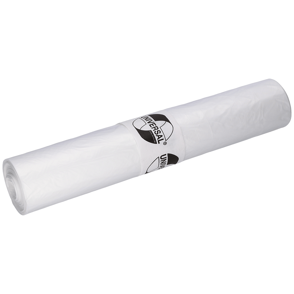 Un rollo de EMIL DEISS KG (GmbH + Co.) DEISS 49009 bolsas de basura, 690x790x0,02 mm transparentes (50 piezas), con una etiqueta "UNIVERSAL", está limpio y colocado sobre un fondo claro sencillo.