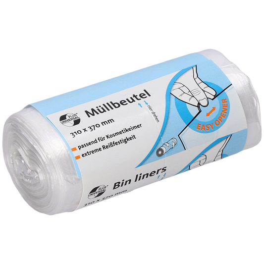 Eine Rolle EMIL DEISS KG (GmbH + Co.) DEISS 49909 Beutel, 310x370 mm transparent (50 Stück), mit blau-weißem, zweisprachigem Etikett mit Angaben zu Größe, Reißfestigkeit und Öffnungshilfe mit handgezeichneten Illustrationen.