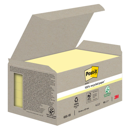 Ein geöffneter Karton zeigt gestapelte gelbe Post-it® Recycling Notes (76 x 127 mm, 100 Blatt/Block, 6 Blöcke) der 3M Deutschland GmbH. Das Etikett zeigt "100% PEFC", Recycling-Symbole, SGSCH-PEFC-COC-110078 und das 3M-Logo.
