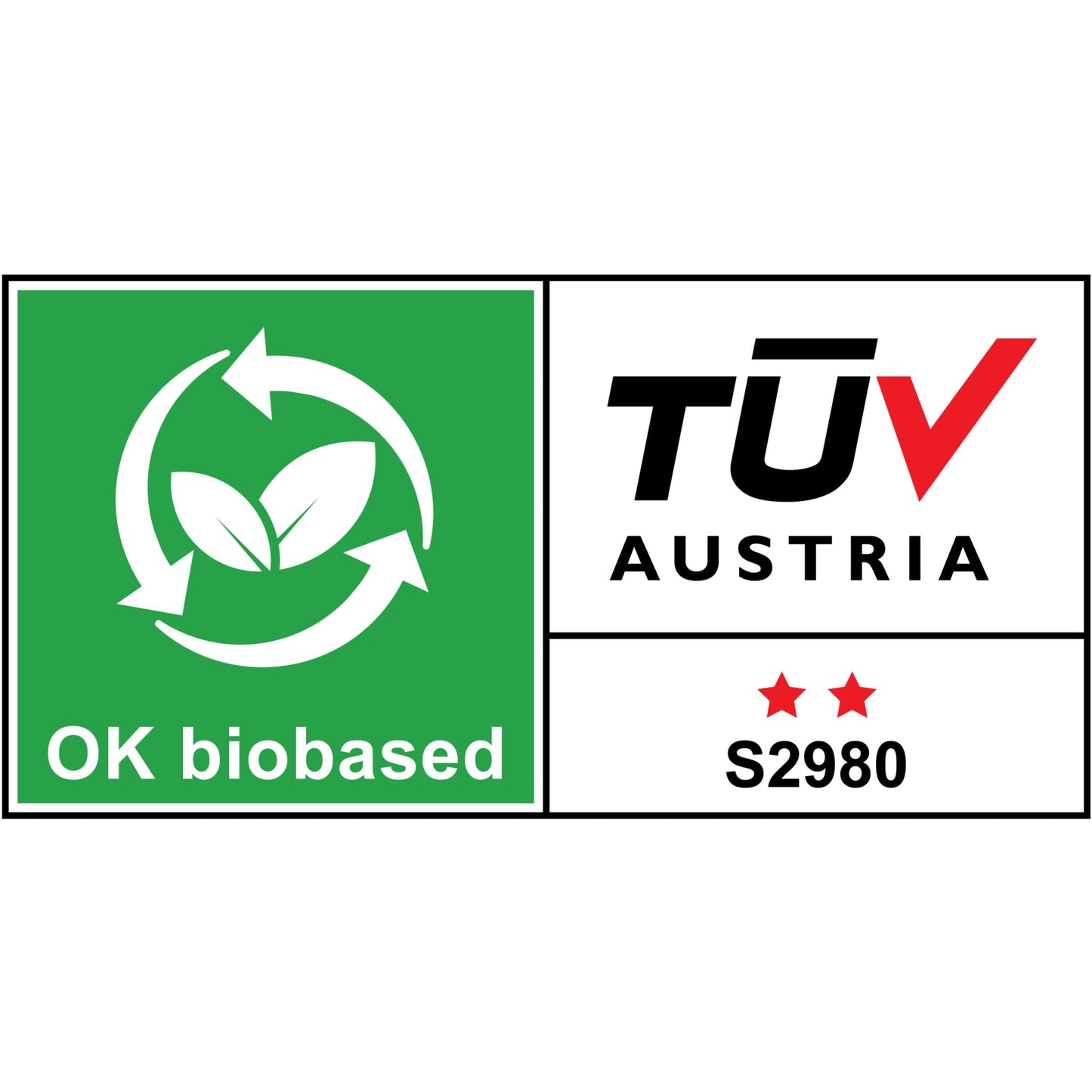 Das Logo "OK biobased" mit grüner Box, zwei Blättern im Kreis und der Aufschrift, daneben "TÜV AUSTRIA", zwei rote Sterne und Code S2980 auf Weiß - passend für Scotch® Magic™ Klebeband (3M), 66 % pflanzl. Klebstoff, 1 Rolle + Abroller.