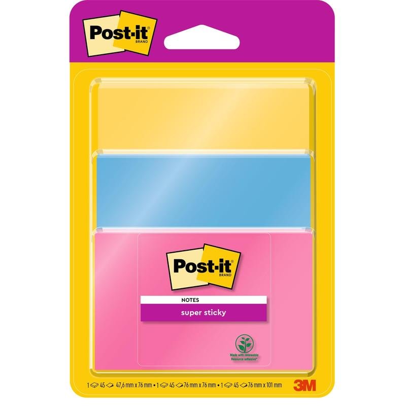 Un paquete de Post-it® Super Sticky Notes de 3M Deutschland GmbH contiene 3 bloques (45 hojas cada uno) en diferentes colores y tamaños, certificado PEFC (SGSCH-PEFC-COC-110078). Cada bloque mide 4,7 x 7,6 cm.