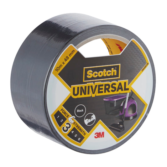 Eine Rolle 3M Deutschland GmbH Scotch® Universal Klebeband 2904, 10 m x 48 mm, mit einem Etikett, auf dem die Marke, der Produktname sowie Angaben zur Festigkeit und den vielseitigen Einsatzmöglichkeiten stehen.