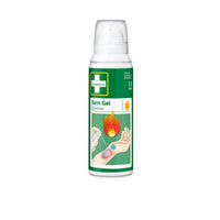 A 100-ml canister of Cederroth Burn Gel Spray by Orkla Wound Care AB, featuring a green label with the product name, a white cross at the top, and an illustration of the gel being applied to a sunburned arm.