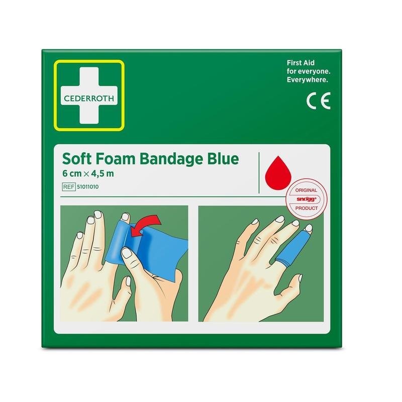 Una caja verde de la venda de espuma blanda Cederroth azul 6 cm x 4,5 m (1 pieza) de Orkla Wound Care AB con ilustraciones en la parte delantera que muestran cómo enrollar la venda y aplicarla en los dedos.