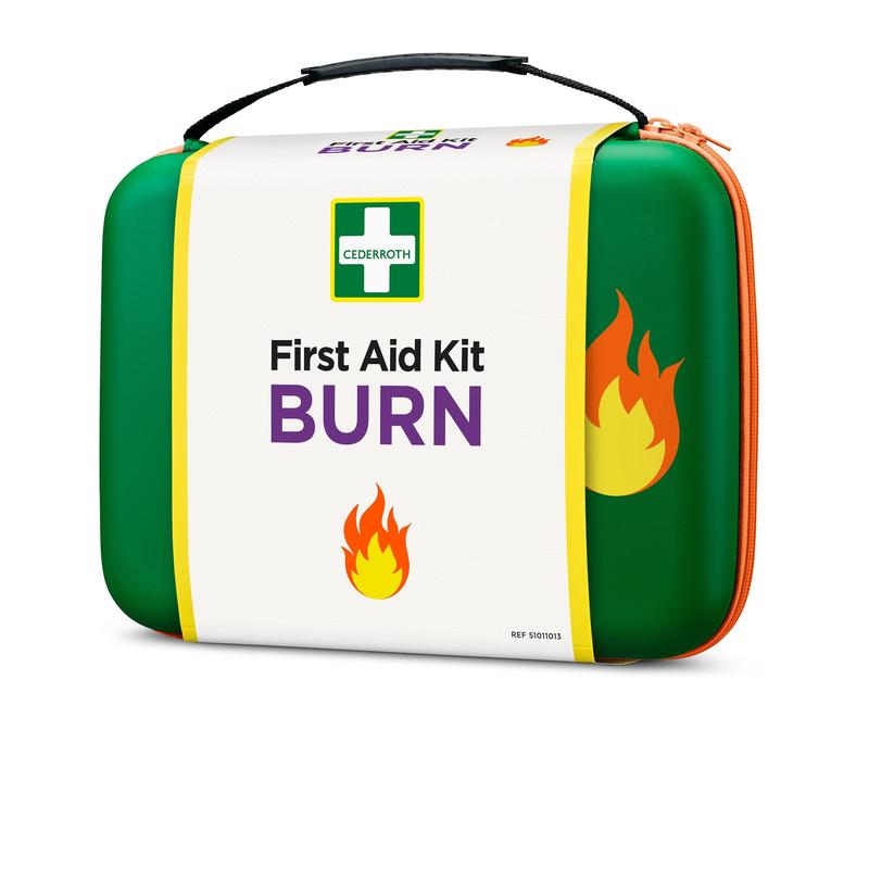 Ein grün-weißes "Cederroth erste-hilfe-set für verbrennungen" von Orkla Wound Care AB, mit Flammensymbolen, Logo auf der Vorderseite, orangefarbenem Reißverschluss und schwarzem Griff. Packung (1 Stück).