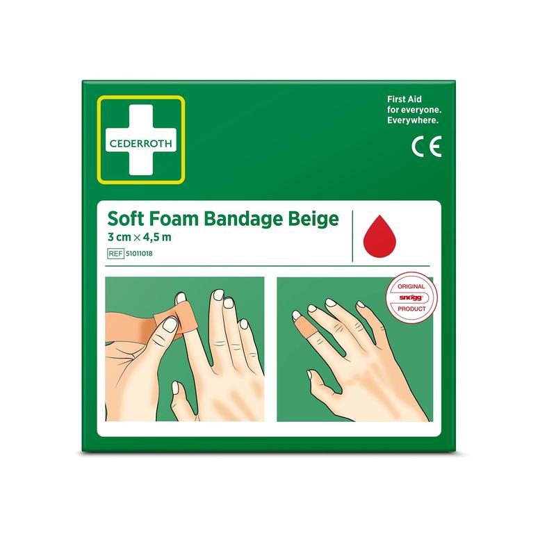 Eine grüne Schachtel mit der Aufschrift "Cederroth soft foam binde beige 3x450cm | Packung (1 Stück)" von Orkla Wound Care AB, mit einer Anleitung zum Fingerverband, einem roten Tropfensymbol und dem Text: "Erste Hilfe für alle. Überall.