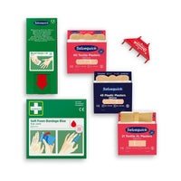 The Cederroth First Aid Refill Pack for the Cederroth Wound Care Dispenser (Ref. 51011006) from Orkla Wound Care AB contains various first-aid supplies, bandages, a pack of soft foam dressings, and a red wall mount, all set against a white background.