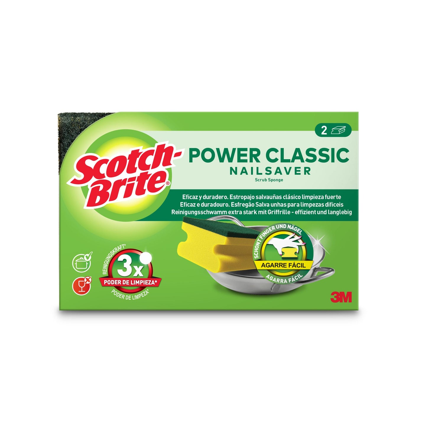 Una caja de esponjas con mango Scotch-Brite® Classic (2 unidades por paquete) de 3M Deutschland GmbH, con dos esponjas amarillo-verdes, marca visible, las características principales del rendimiento de limpieza y texto en español, portugués y alemán sobre fondo blanco.