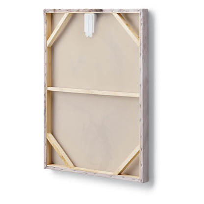 Das Bild zeigt die Rückseite einer rechteckigen Spannleinwand mit Holzrahmen und verstärkten Ecken, auf der oben ein weißer Command™ Leinwandaufhänger der 3M Deutschland GmbH angebracht ist.