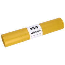 Eine gelbe Rolle EMIL DEISS KG (GmbH + Co.) Abfallsäcke, DEISS 53001, 700x1100 mm Typ 20, enthält 50 Stück und ist mit einem weißen Etikett mit der Aufschrift "Abfallsäcke" versehen.