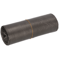 A roll of EMIL DEISS KG (GmbH + Co.) DEISS 54095 gray trash bags (500x580 mm, 50 pieces), secured with a brown rubber band, is shown against a solid white background.