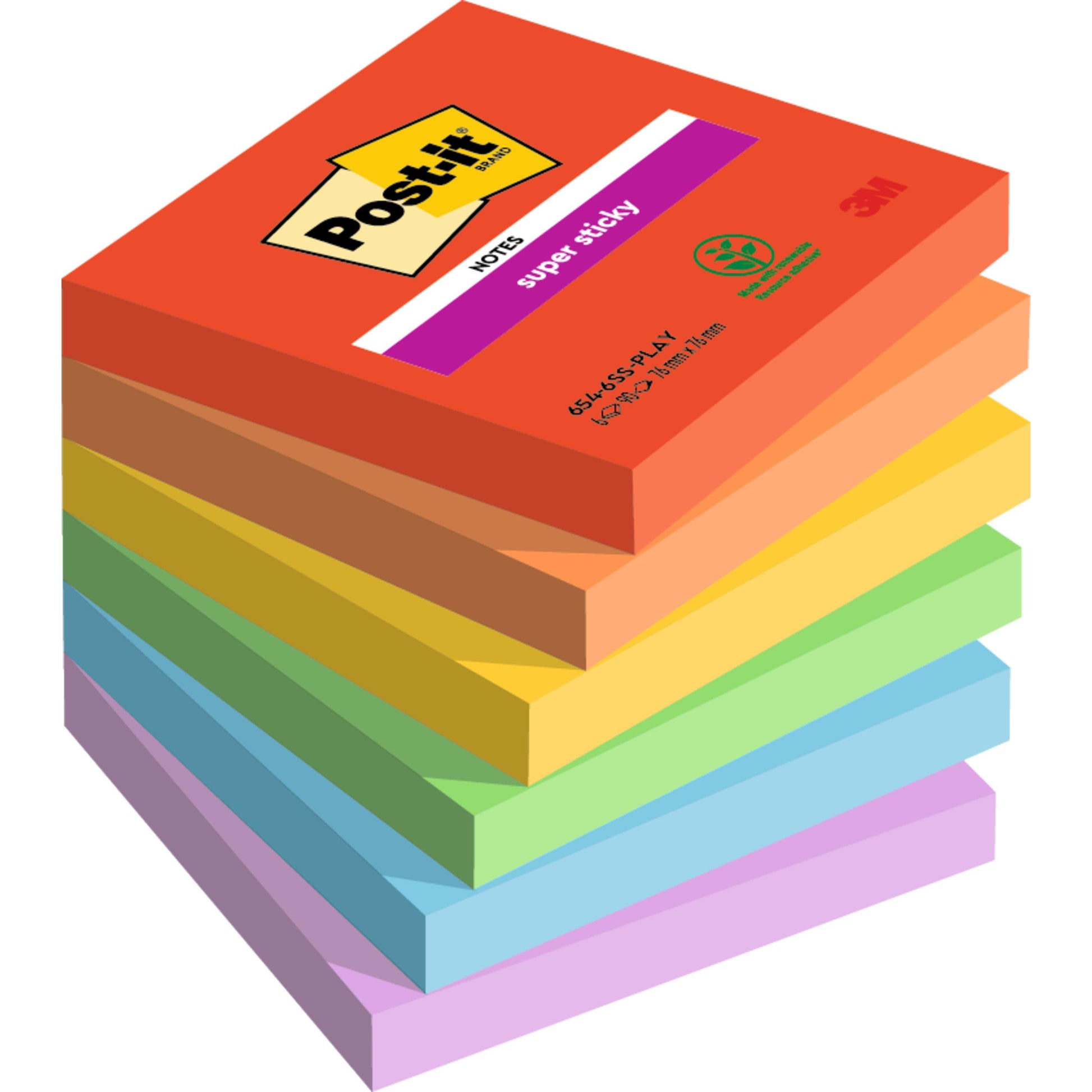 Ein Stapel von acht 76 mm x 76 mm großen Post-it® Super Sticky Notes der 3M Deutschland GmbH in verschiedenen Farben, jeder Block enthält 90 Blatt und ist aus 100% PEFC-zertifiziertem Papier hergestellt.