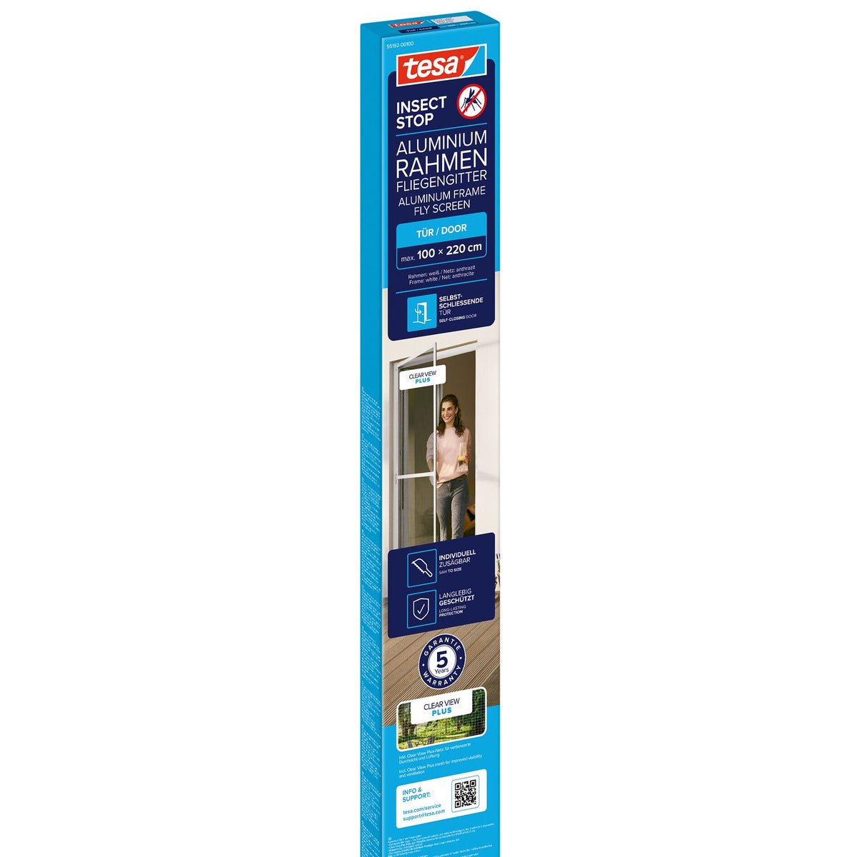 tesa INSECT STOP Aluminum-Frame Fly Screen for Doors, White, 100 x 220 cm