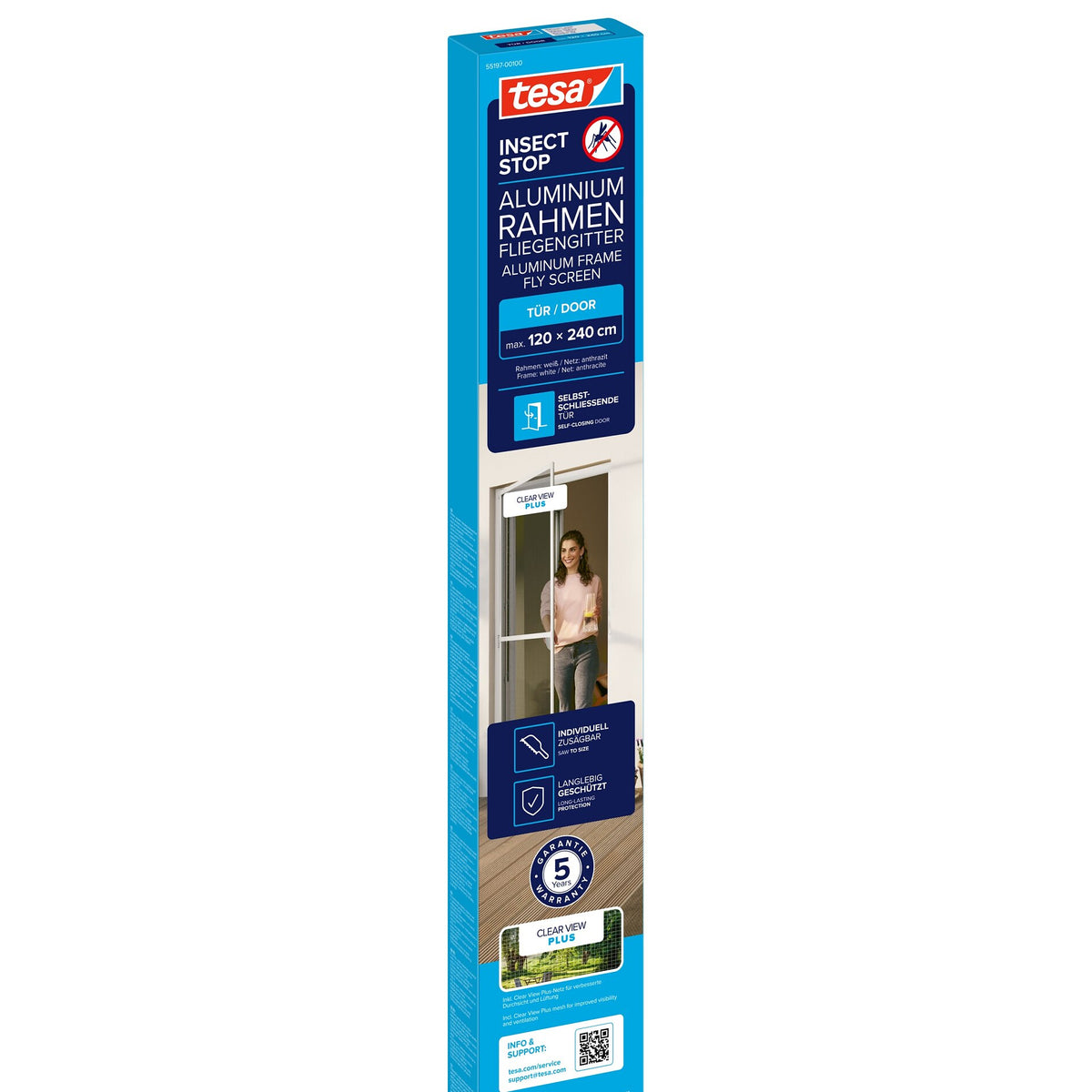tesa INSECT STOP Aluminum-Frame Fly Screen for Doors, White, 120 x 240 cm