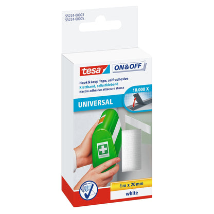 tesa On & Off Adhesive Hook-and-Loop Tape, white, 1 m x 20 mm