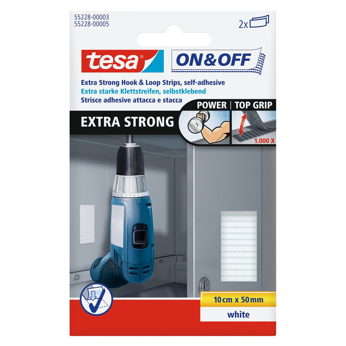 Almohadillas adhesivas de velcro «On & Off» de tesa, extrafuertes, 0,05 m x 100 mm, blancas